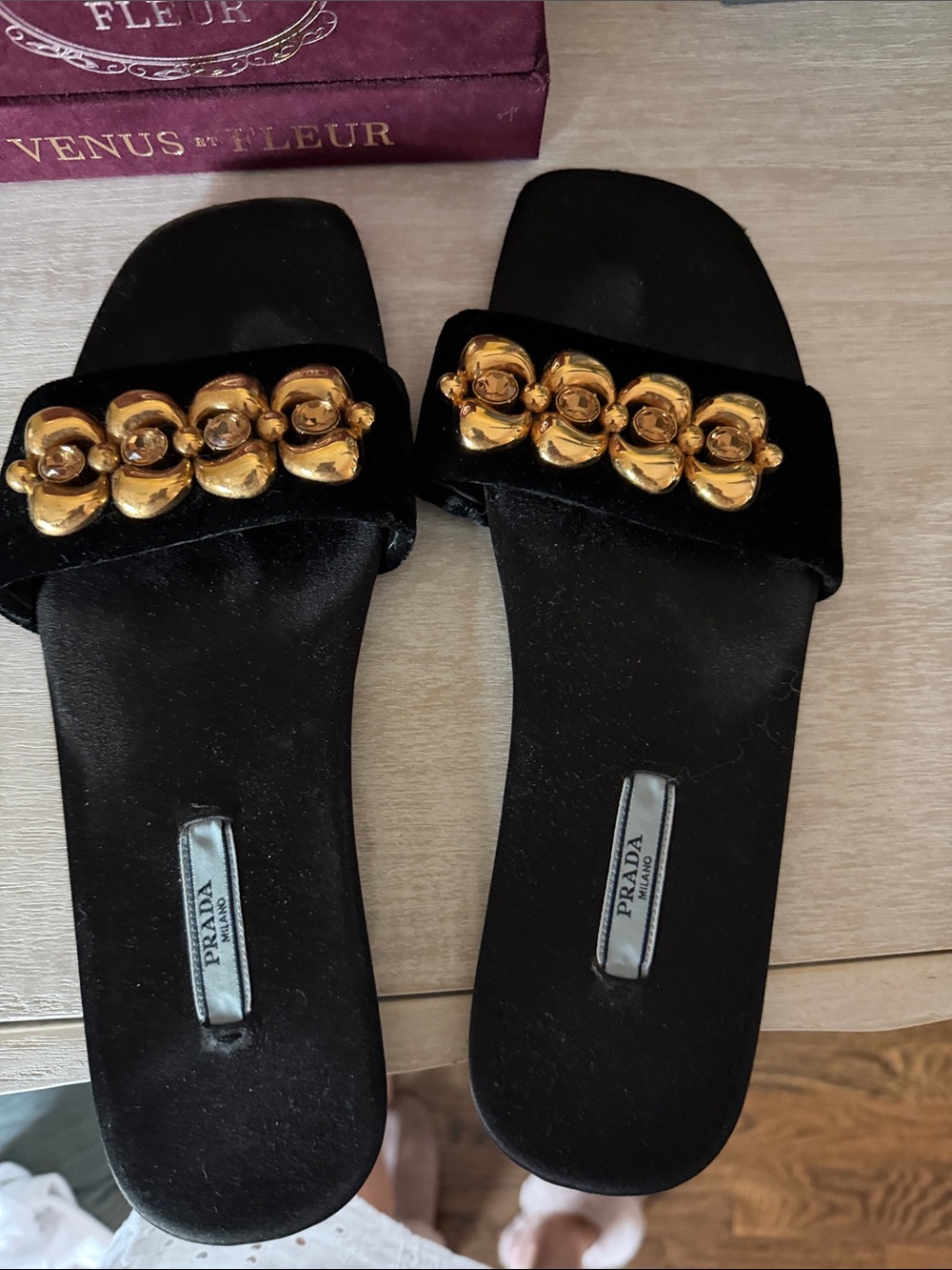 Prada Black Velvet Slide Mules with Gold Floral Chain